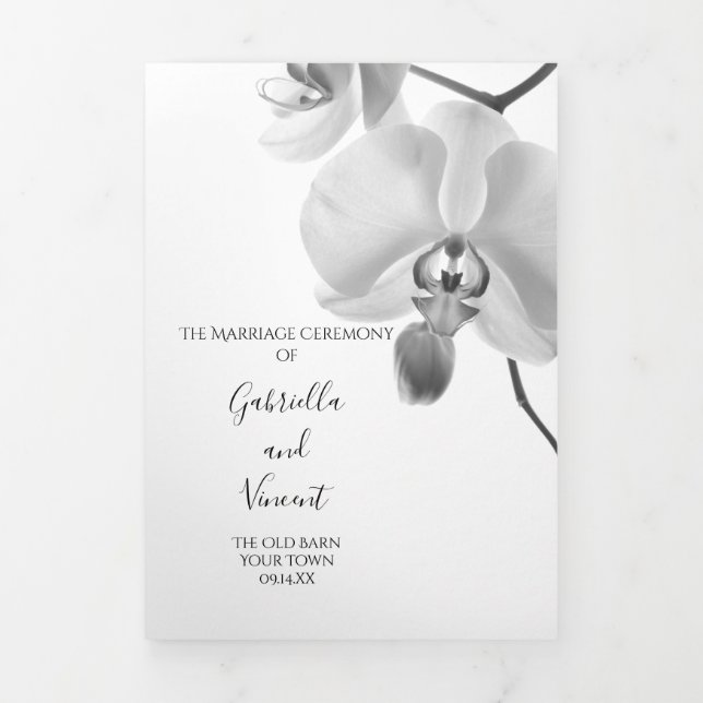 Schwarz-Weiß-Orchideen-Hochzeit Dreifach-gefaltete Programmkarte (Cover)