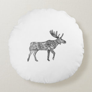 Schwarz-weiß-Ornament-Elch-Silhouette beim Gehen Rundes Kissen