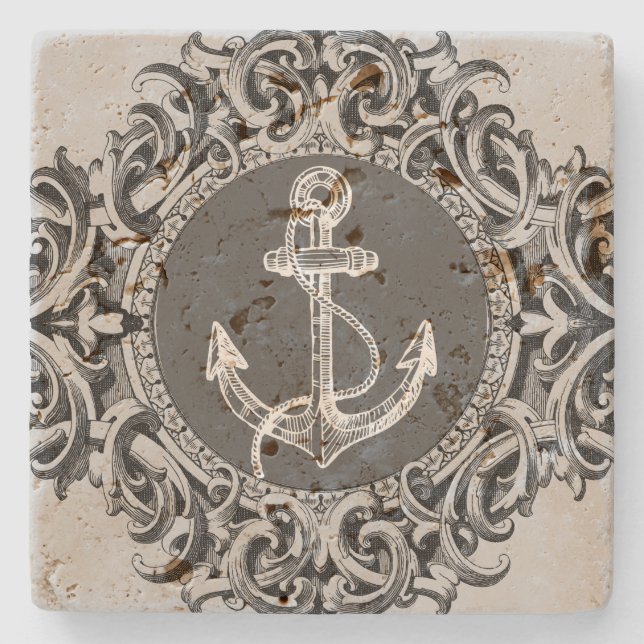 Schwarz-Weiß-Ornament und Anker für Wasserfahrzeug Steinuntersetzer (Vorderseite)