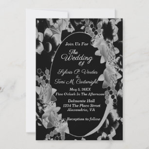 Schwarz-Weiß-Oval-Blumengarten Hochzeit Einladung