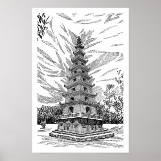 Schwarz-Weiß-Pagoden-Turm-Linienkunst-Skizze - Bog Poster