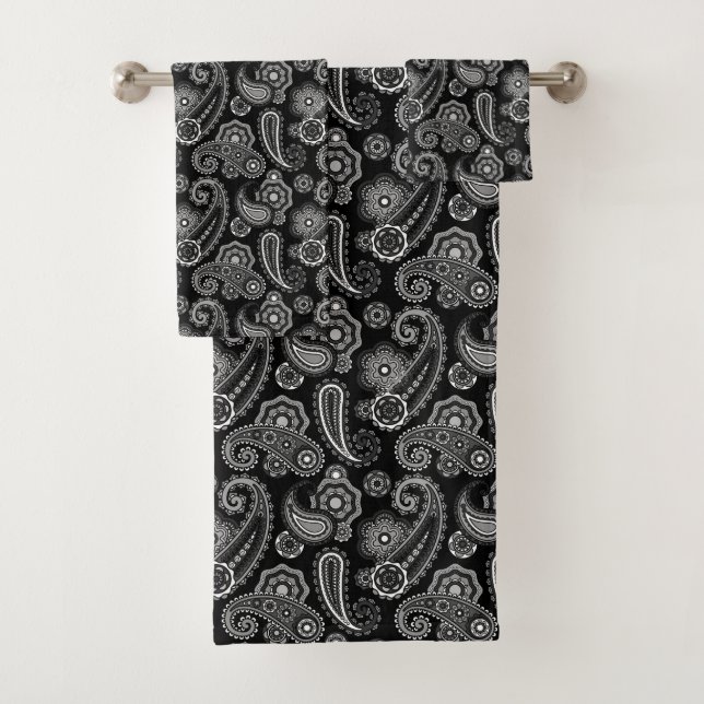 Schwarz-Weiß-Paisley Extravagant Badhandtuch Set (Insitu)