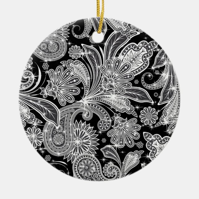 Schwarz-Weiß-Paisley-Muster Keramik Ornament (Vorne)