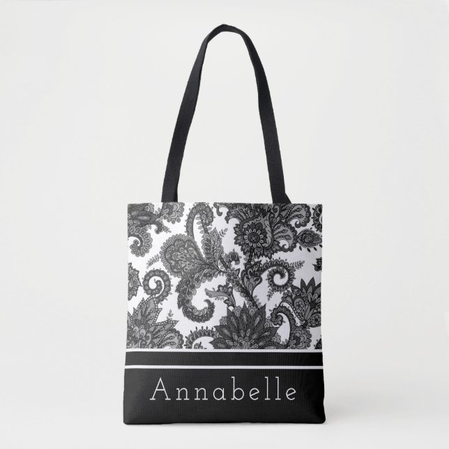 Schwarz-Weiß-Paisley personalisieren Tasche (Vorderseite)
