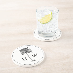 Schwarz-Weiß-Palm-Palmetto-Baum-Monogramm Getränkeuntersetzer