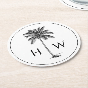 Schwarz-Weiß-Palm-Palmetto-Baum-Monogramm Runder Pappuntersetzer