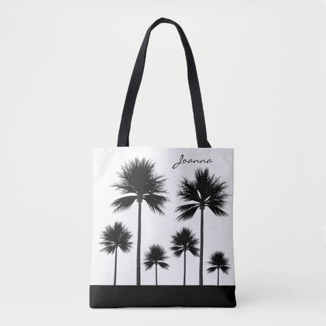 Schwarz-Weiß-Palme mit Name Beach Tasche (Vorderseite)