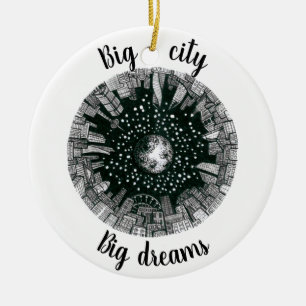 Schwarz-Weiß-Panorama-Stadt unter dem Mond Keramik Ornament