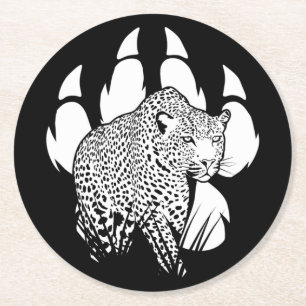 Schwarz-Weiß-Panther-Footprint Grafik-Design Runder Pappuntersetzer