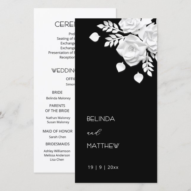 Schwarz-weiß Papierrosen | Hochzeitsprogramm (Vorne/Hinten)