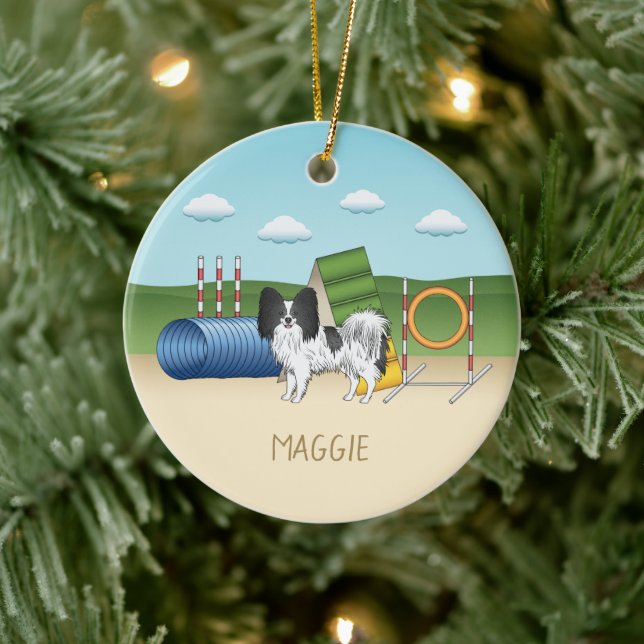 Schwarz-Weiß-Papillen mit Agility Keramik Ornament (Baum)