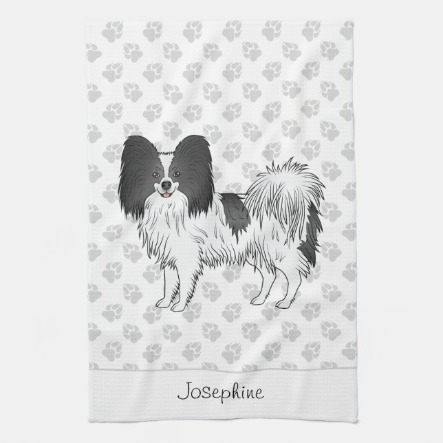 Schwarz-Weiß-Papillon-Hund mit Pfoten und Text Geschirrtuch (Vertikal)