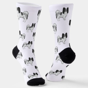 Schwarz-Weiß-Papillon Süßes Cartoon-Hundemuster Socken