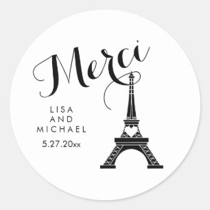 Schwarz-Weiß-Paris-Eiffelturm Wedding Merci Runder Aufkleber