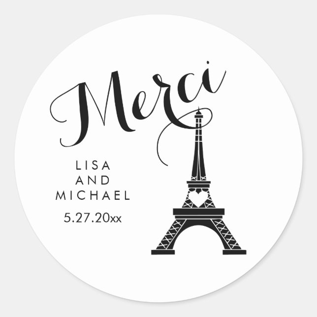 Schwarz-Weiß-Paris-Eiffelturm Wedding Merci Runder Aufkleber (Vorderseite)