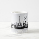 Schwarz-Weiß-Paris-Skyline Kaffeetasse<br><div class="desc">Diese Tasse zeigt eine Schwarz-Weiß-Grafik der Pariser Skyline mit anpassbarem "Paris"-Text.</div>
