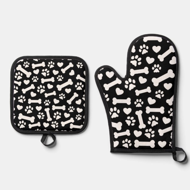 Schwarz-Weiß-Paste, Herz, Knochendesign Ofenhandschuh & Topflappen-Set (Vorderseite)