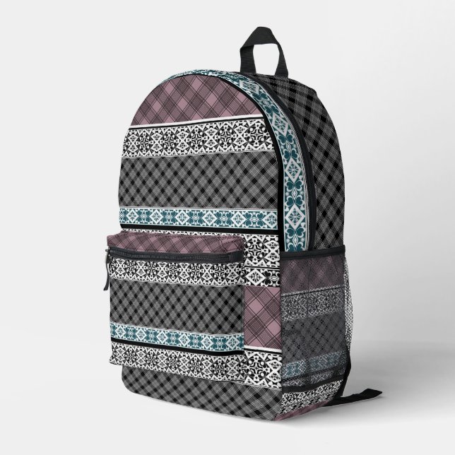 Schwarz-Weiß-Patchwork-Spitze Bedruckter Rucksack (Rückseitige Ecke Rechts)