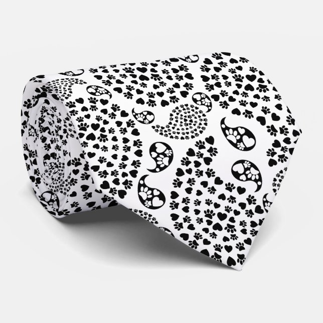 Schwarz-Weiß-Paws und Hörer Paisley Print Krawatte (Gerollt)