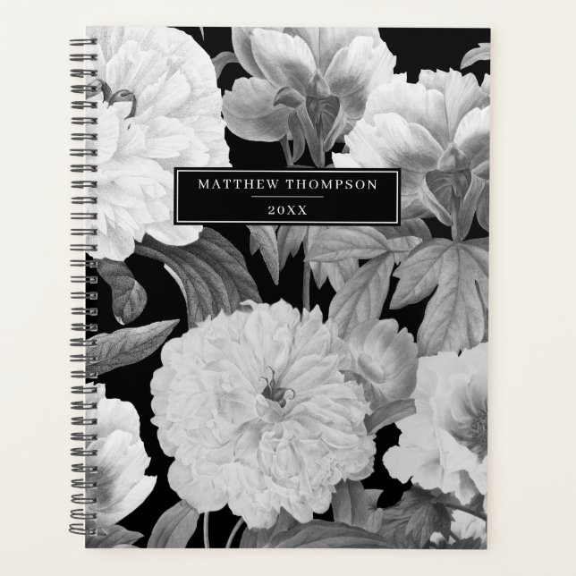 Schwarz-Weiß-Peonfarben-Flora-Album Planer (Vorderseite)