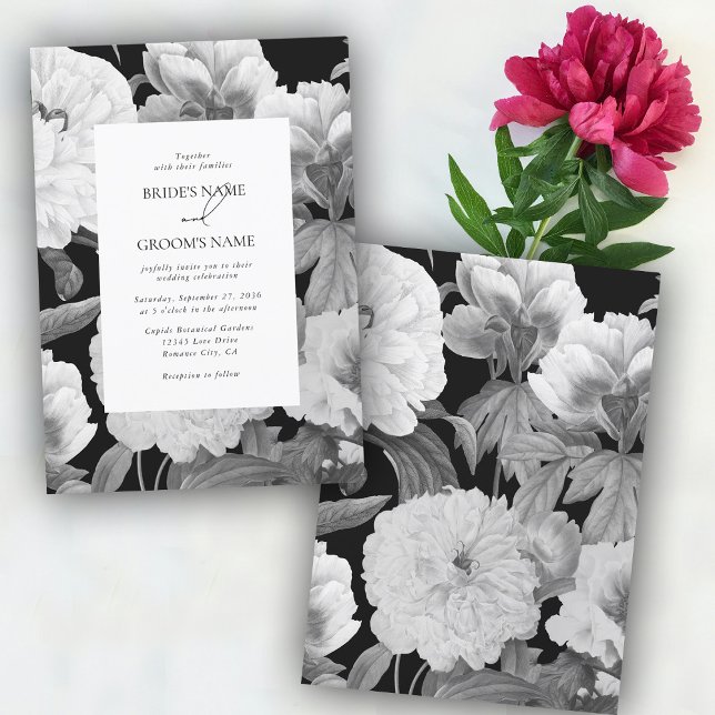 Schwarz-Weiß-Peonies-Hochzeit Einladung (Black & White Peonies Watercolor Floral Wedding Invitation)