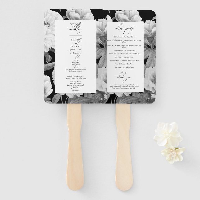 Schwarz-Weiß-Peonies-Hochzeit Fächer (Vorne und Hinten)