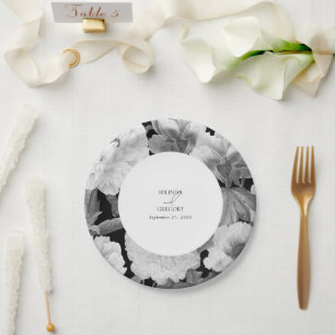 Schwarz-Weiß-Peonies-Hochzeit Pappteller