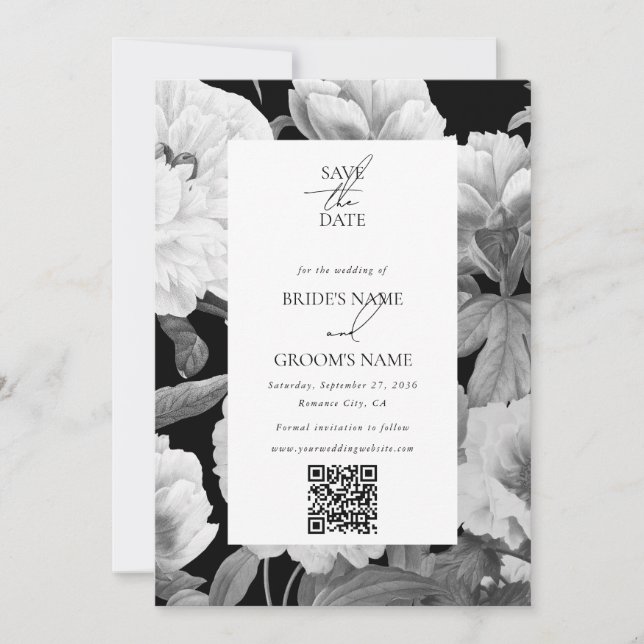Schwarz-Weiß-Peonies-Hochzeit Save The Date (Vorderseite)