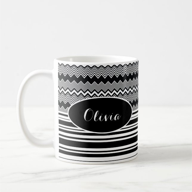 Schwarz/Weiß Personalisiert, Zig-Zags und Streifen Kaffeetasse (Links)