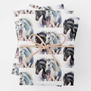 Schwarz-Weiß-Pferd-Paar in Wasserfarbe Geschenkpapier Set