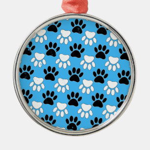 Schwarz-Weiß-Pfoten auf blauem Hintergrund Ornament Aus Metall