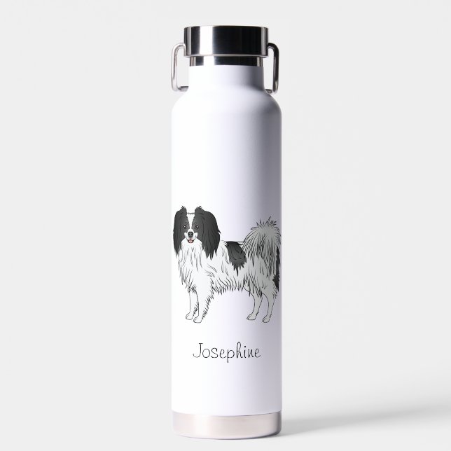 Schwarz-Weiß-Phalène-Hund mit Personalisiertem Nam Trinkflasche (Vorne)