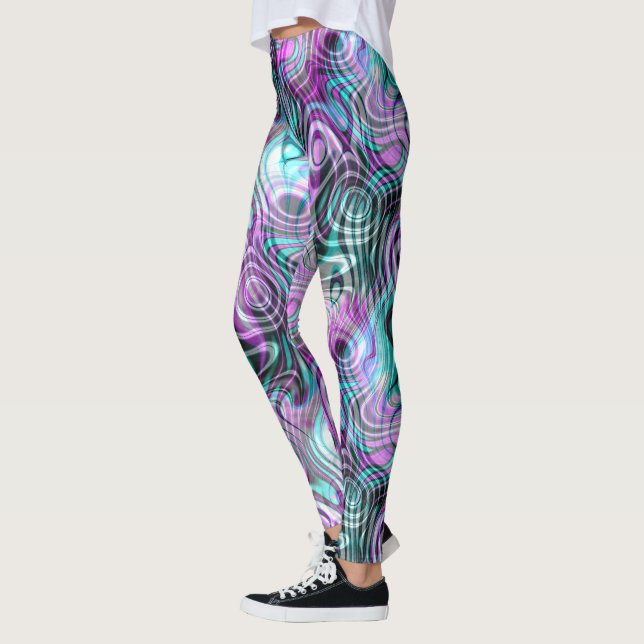 Schwarz-weiß Pink Lila Aqua Türkis Fraktale Leggings (Links)