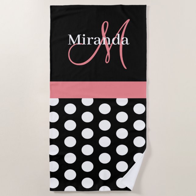 Schwarz-weiß Pink Monogram Script Polka Dot Beach  Strandtuch (Vorderseite)