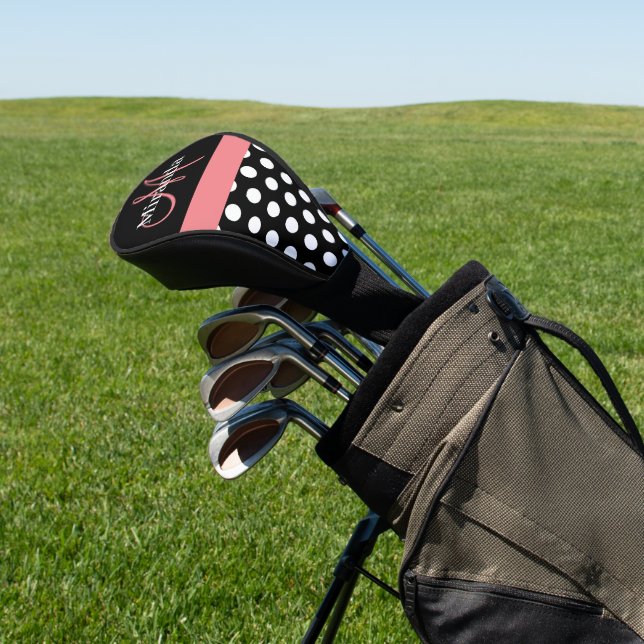 Schwarz-weiß Pink Monogram Script Polka Dot Golf H Golf Headcover (In SItu)