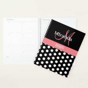 Schwarz-weiß Pink Monogram Script Polka Dot Planer