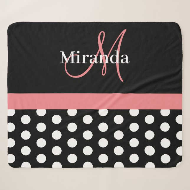 Schwarz-weiß Pink Monogram Script Polka Dot Sherpadecke (Vorderseite (Horizontal))