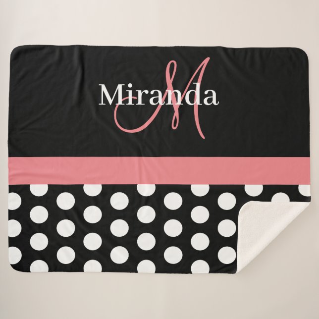 Schwarz-weiß Pink Monogram Script Polka Dot Sherpadecke (Vorderseite (Horizontal))