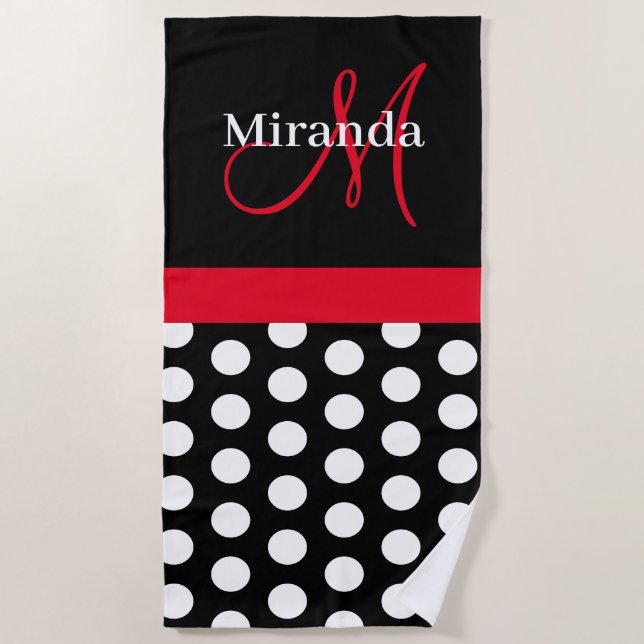 Schwarz-weiß Pink Monogram Script Polka Dot Strandtuch (Vorderseite)