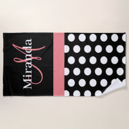 Schwarz-weiß Pink Monogram Script Polka Dot Strandtuch