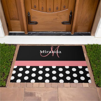 Schwarz-weiß Pink Monogram Script Polka Fußmatte