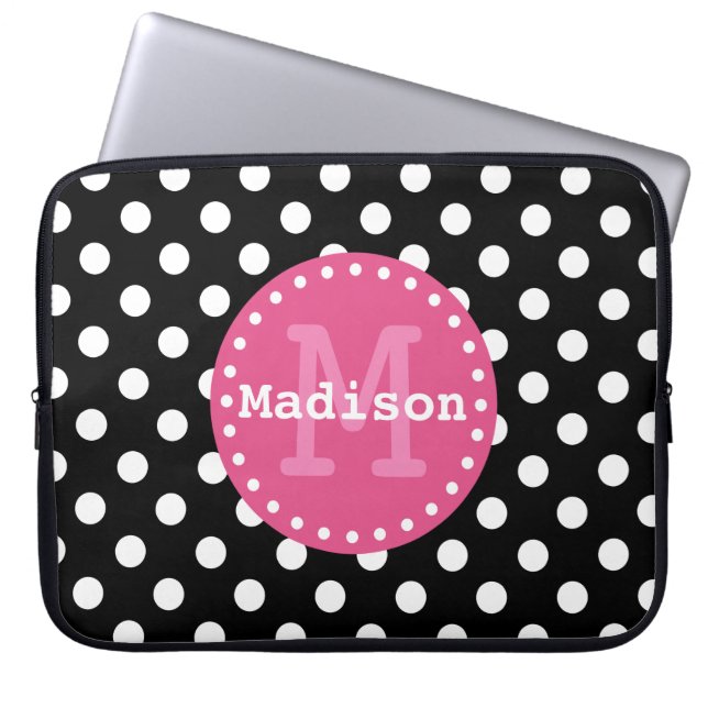 Schwarz-weiß-Pink-Polka-Dots-Monogramm Laptopschutzhülle (Vorderseite)