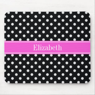 Schwarz-Weiß-Polka-Dosen (Hot-Pink-Name-Monogramm) Mousepad