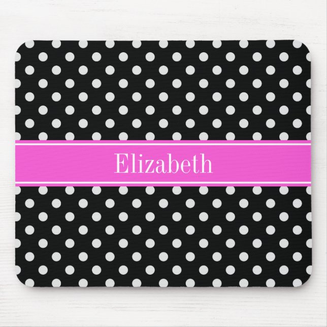 Schwarz-Weiß-Polka-Dosen (Hot-Pink-Name-Monogramm) Mousepad (Vorne)