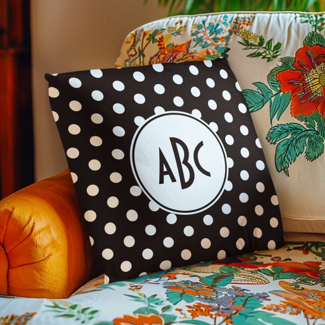 Schwarz-Weiß-Polka-Dot-Monogramm Kissen (Black and White Polka Dot Monogram Throw Pillow)