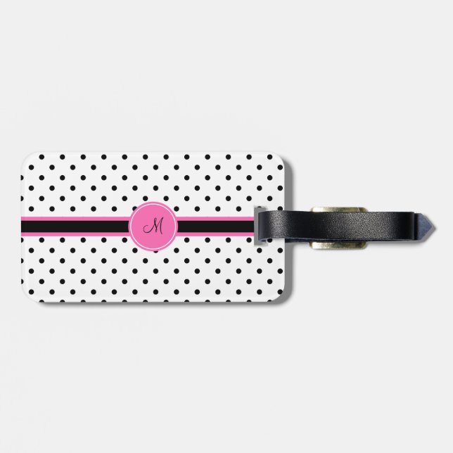 Schwarz-Weiß-Polka-Dot Monogramm mit Hot-Pink Gepäckanhänger (Rückseite horizontal)