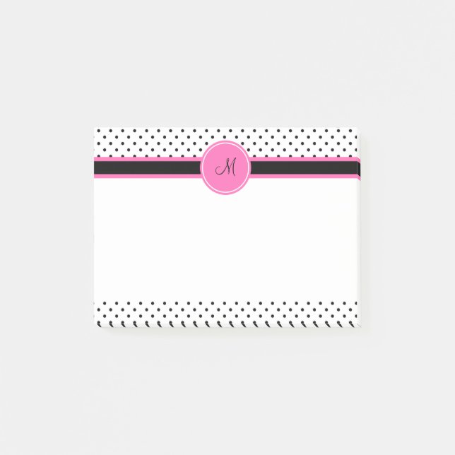 Schwarz-Weiß-Polka-Dot Monogramm mit Hot-Pink Post-it Klebezettel (Vorderseite)