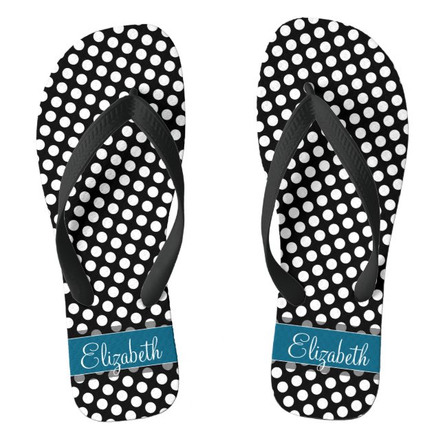 Schwarz-Weiß-Polka-Dot-Muster Blaues Monogramm Flip Flops (Fußbett)