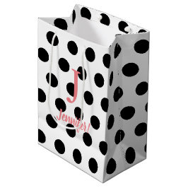 Schwarz-Weiß-Polka-Dot-Pink-Monogramm-Individuelle Mittlere Geschenktüte