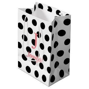 Schwarz-Weiß-Polka-Dot-Pink-Monogramm-Individuelle Mittlere Geschenktüte